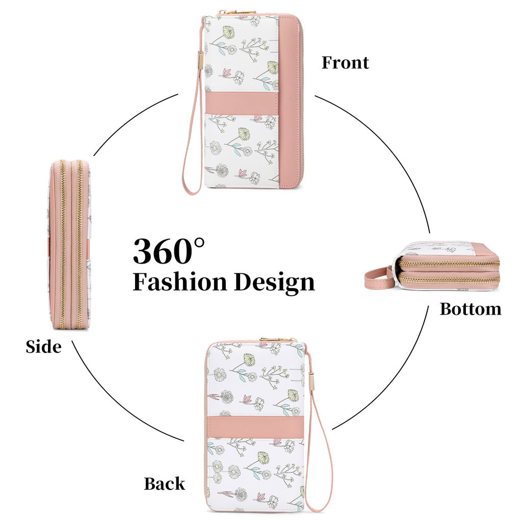 Portefeuille femme pochette fleurie anti-RFID grande capacité