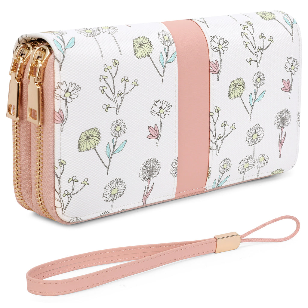 Portefeuille femme pochette fleurie anti-RFID grande capacité