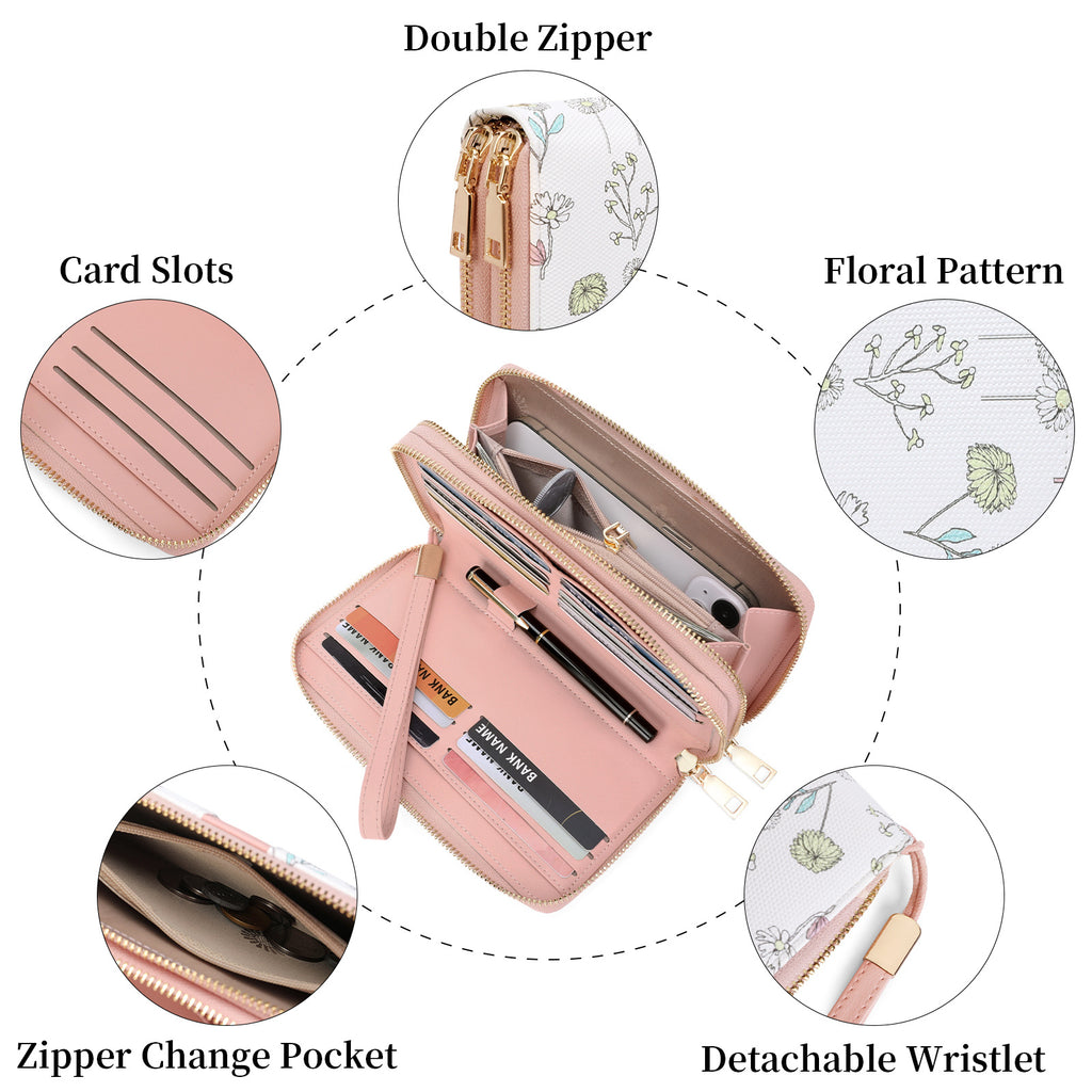 Portefeuille femme pochette fleurie anti-RFID grande capacité