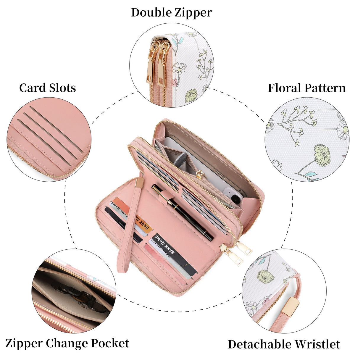Portefeuille femme pochette fleurie anti-RFID grande capacité