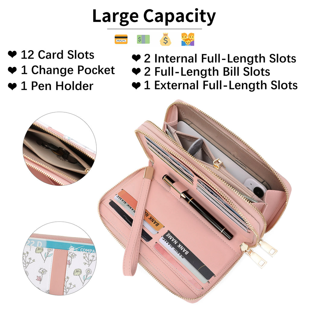 Portefeuille femme pochette fleurie anti-RFID grande capacité