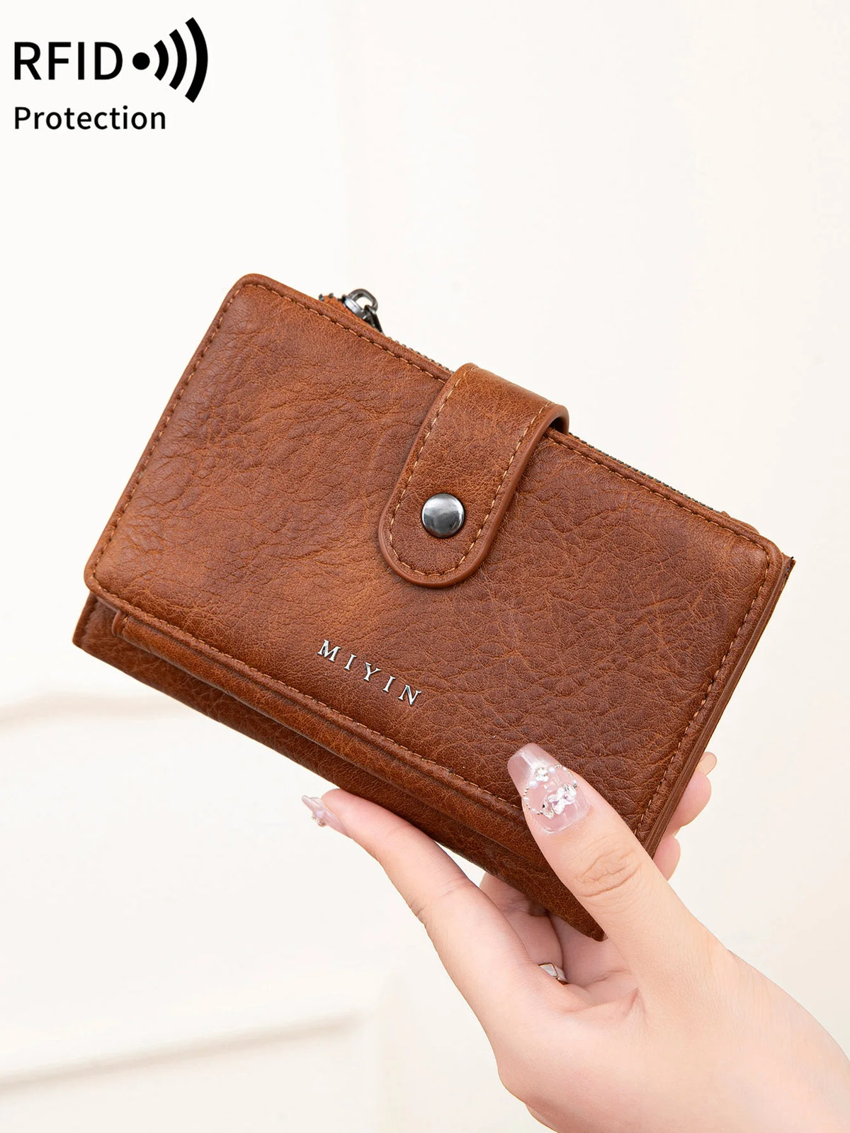 Portefeuille femme compact cuir PU RFID triple volet avec zip et bouton pression — photo 1