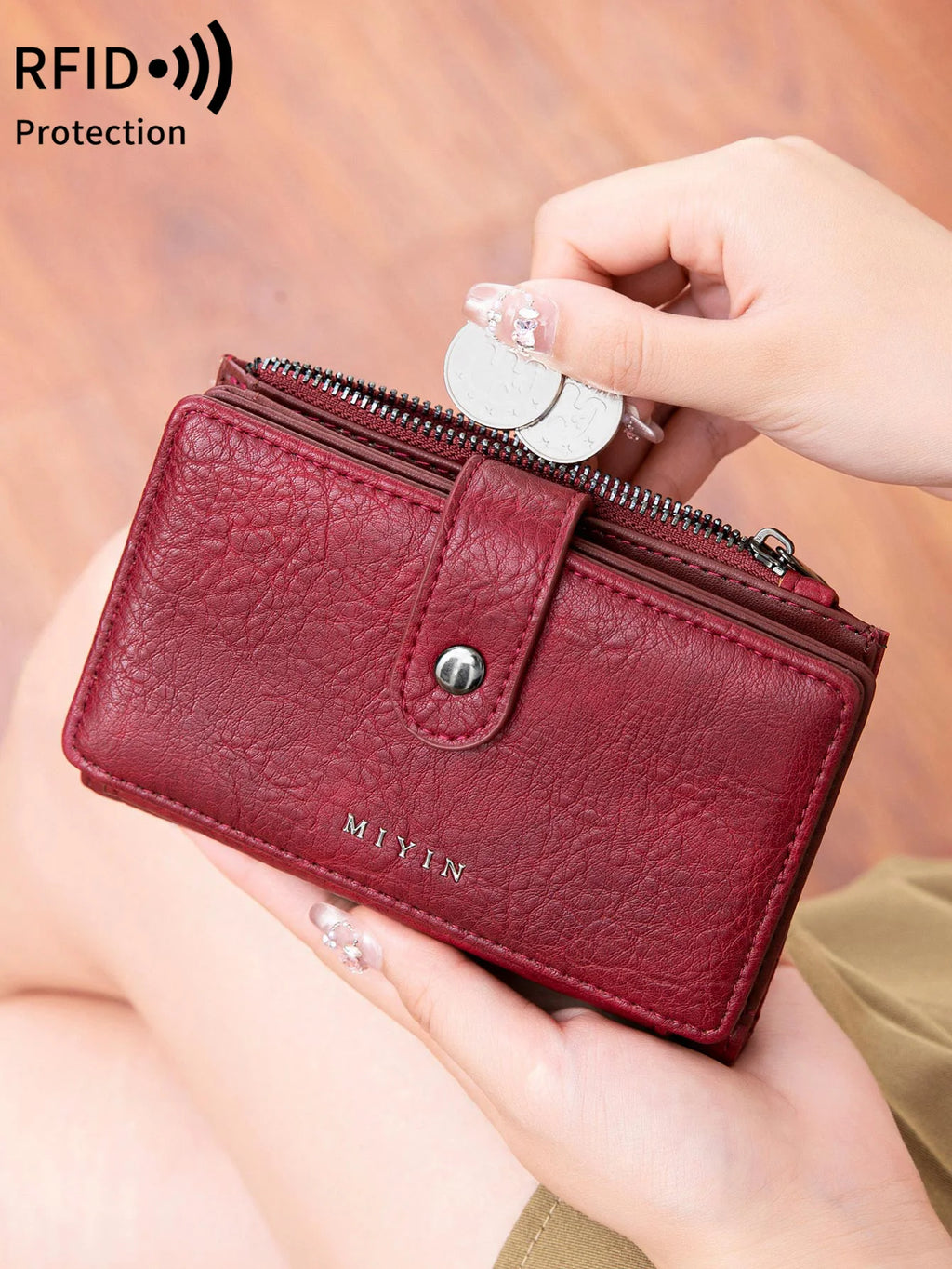 Portefeuille femme compact cuir PU RFID triple volet avec zip et bouton pression — photo 3