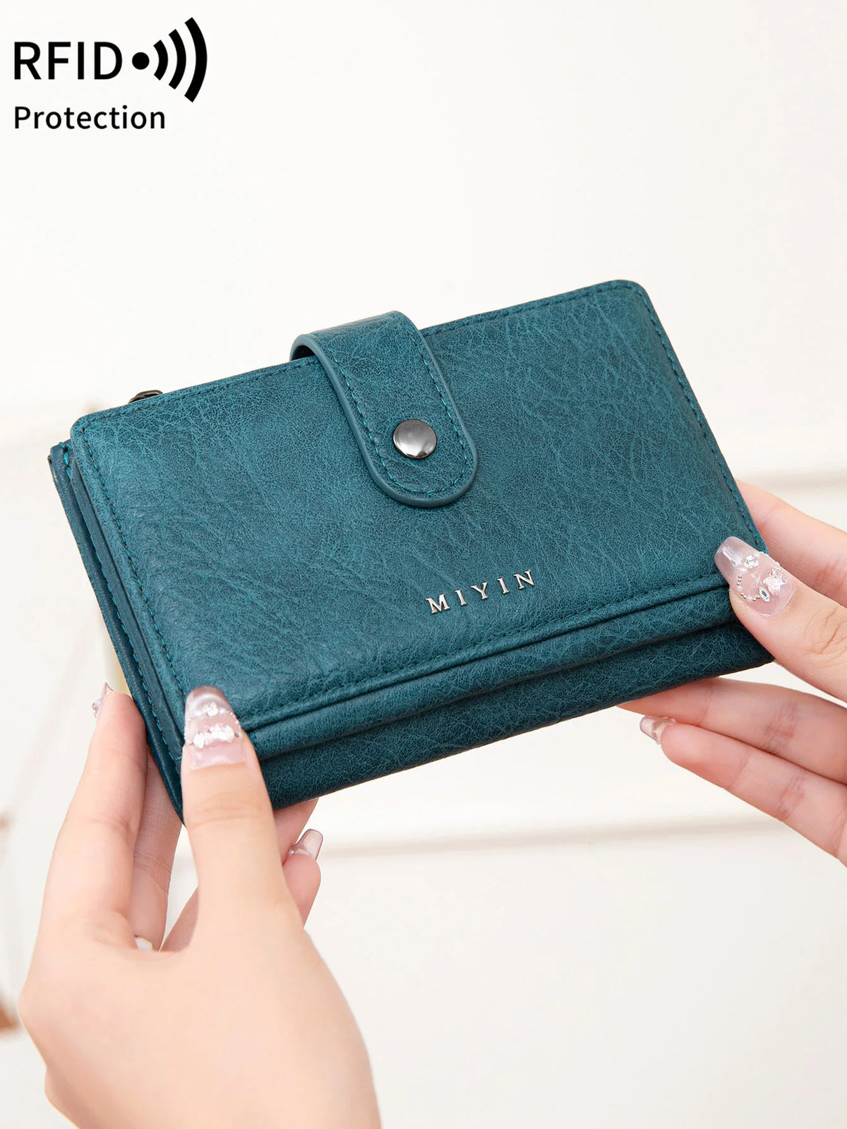 Portefeuille femme compact cuir PU RFID triple volet avec zip et bouton pression — photo 4