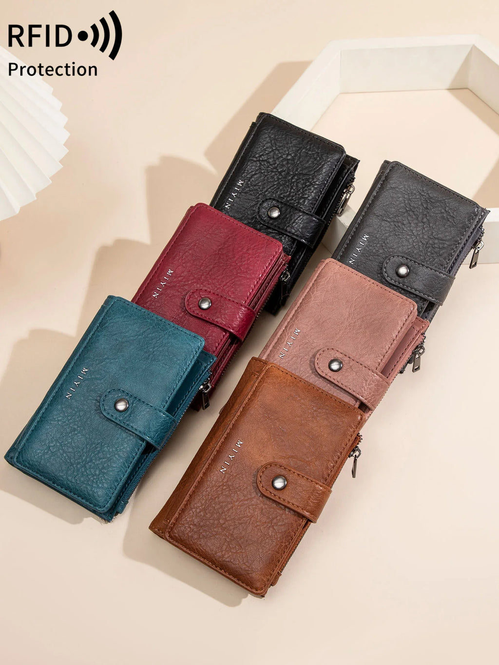 Portefeuille femme compact cuir PU RFID triple volet avec zip et bouton pression — photo 6