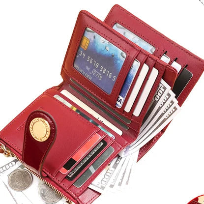 Portefeuille femme compact en cuir verni RFID avec fermeture pression et zip sécurisé — photo 2