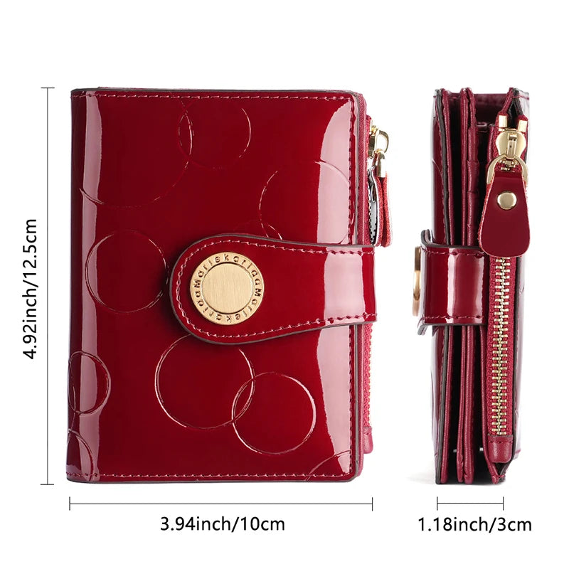 Portefeuille femme compact en cuir verni RFID avec fermeture pression et zip sécurisé — photo 3