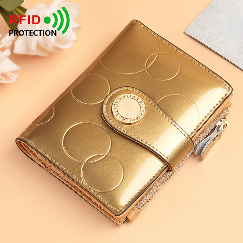 Portefeuille femme compact en cuir verni RFID avec fermeture pression et zip sécurisé — photo 4