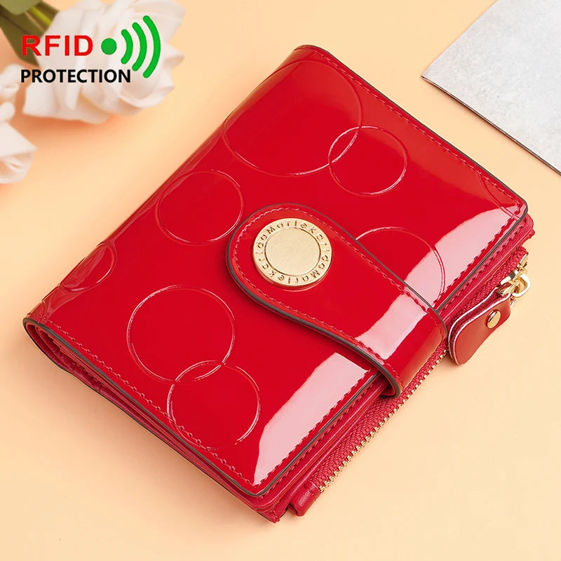 Portefeuille femme compact en cuir verni RFID avec fermeture pression et zip sécurisé — photo 7