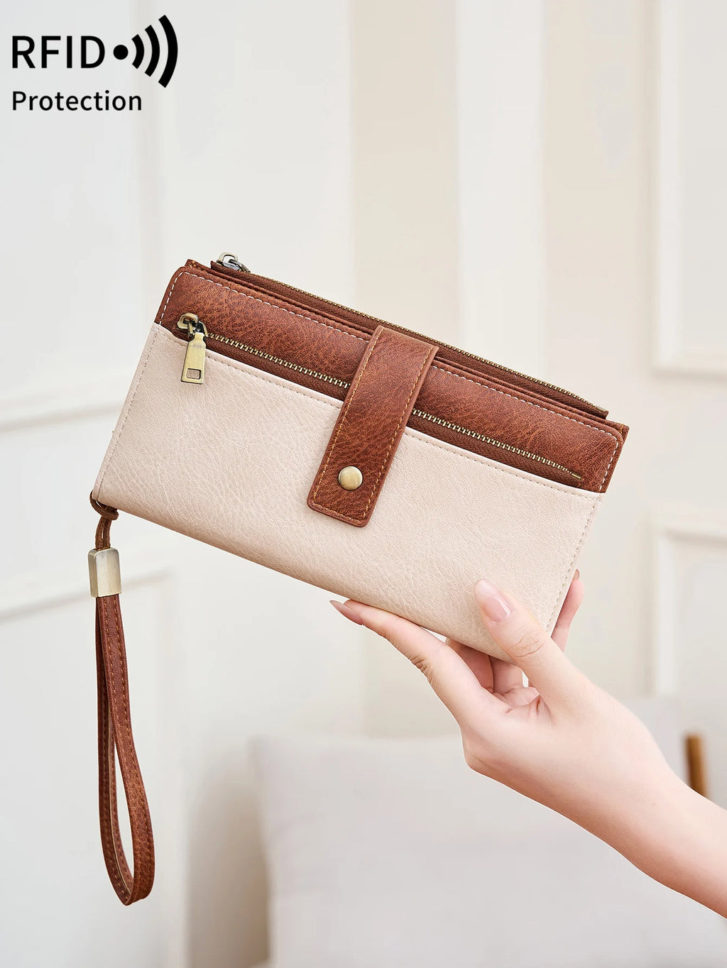 Portefeuille compagnon en cuir pu pour femme avec protection RFID et dragonne amovible — photo 1