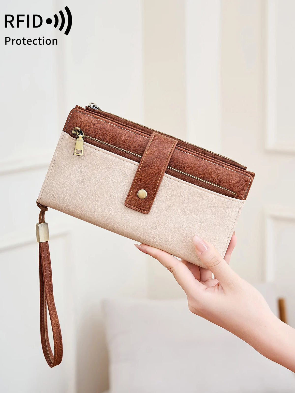 Portefeuille compagnon en cuir pu pour femme avec protection RFID et dragonne amovible — photo 1