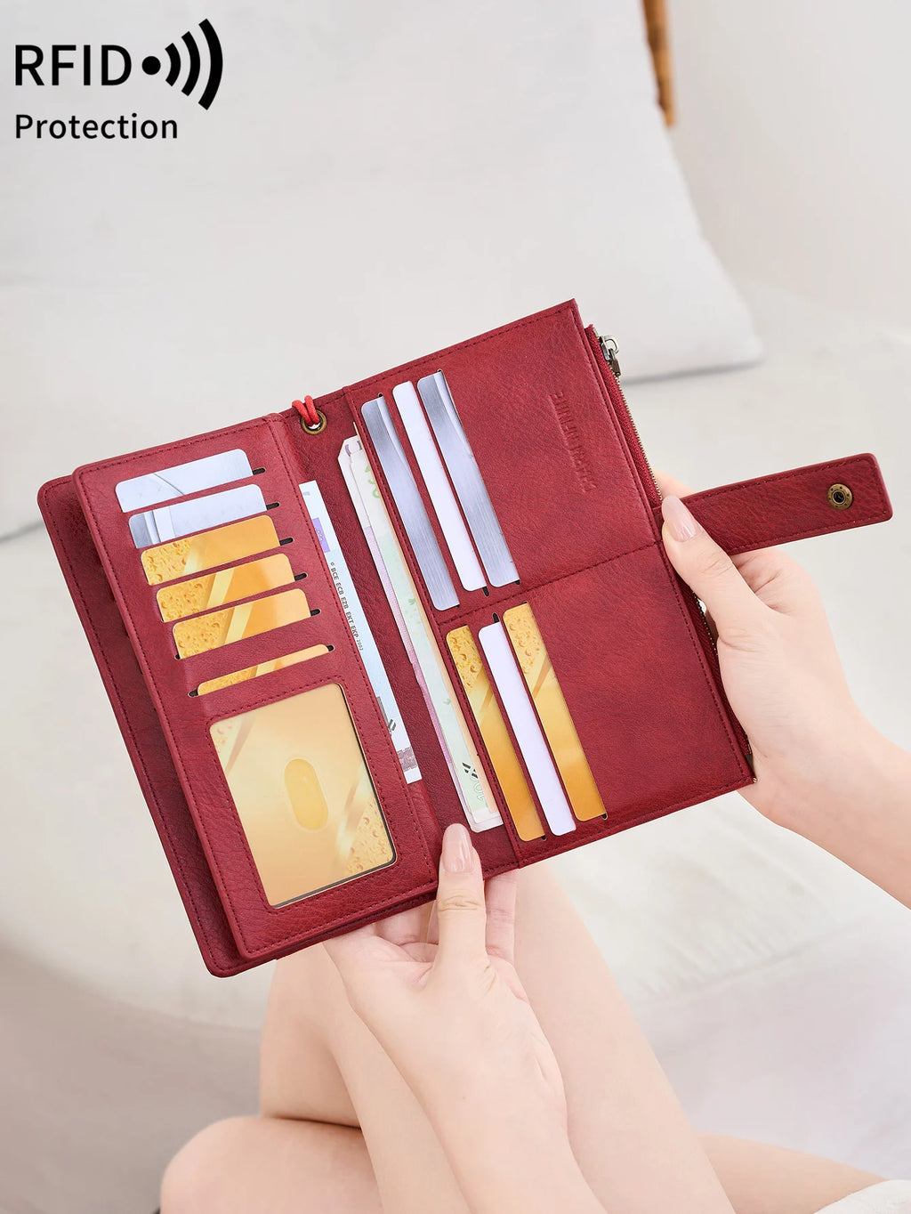 Portefeuille compagnon en cuir pu pour femme avec protection RFID et dragonne amovible — photo 3