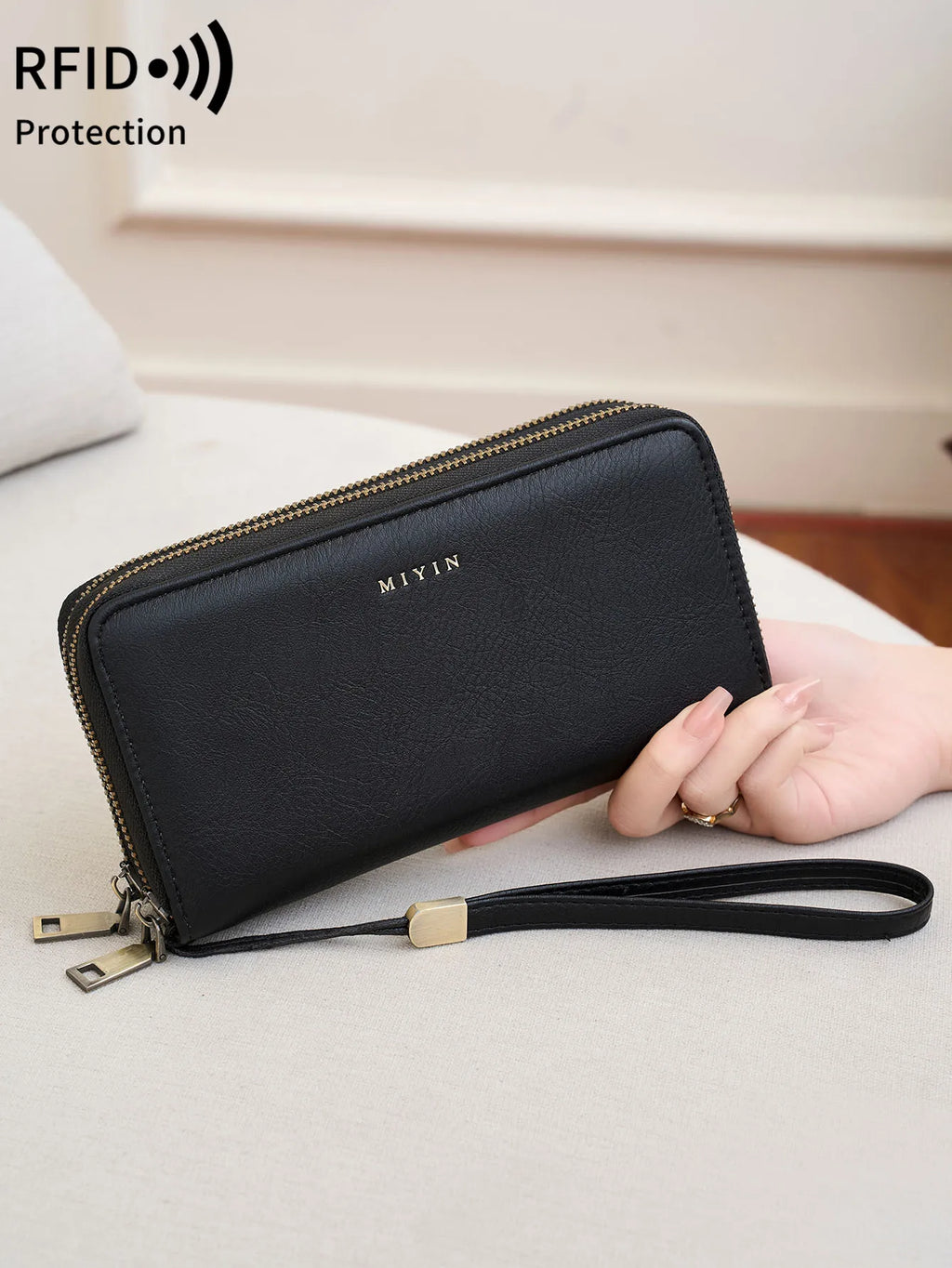 Portefeuille femme grande capacité PU vintage avec double zip et protection RFID — photo 1