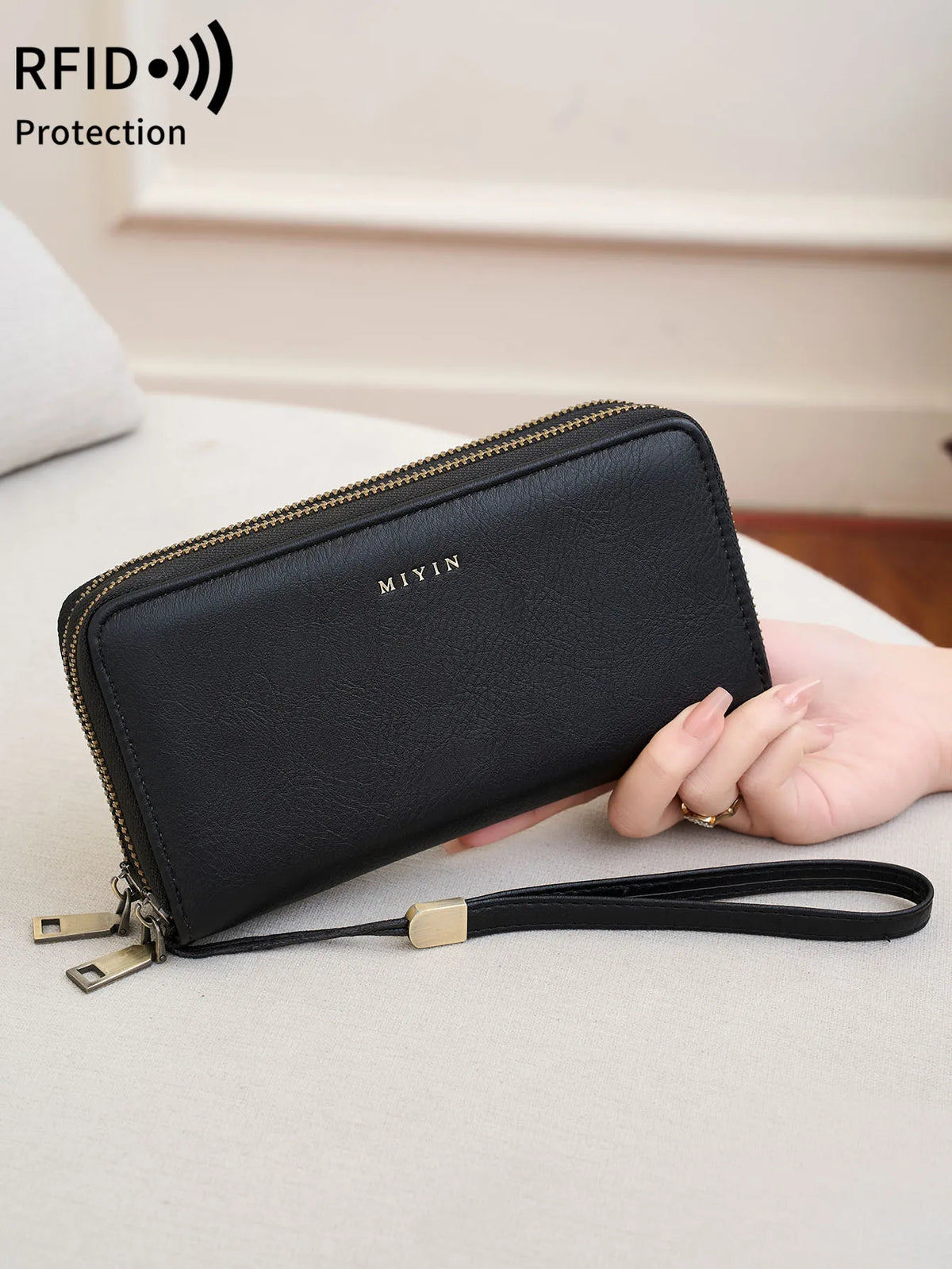 Portefeuille femme grande capacité PU vintage avec double zip et protection RFID — photo 1