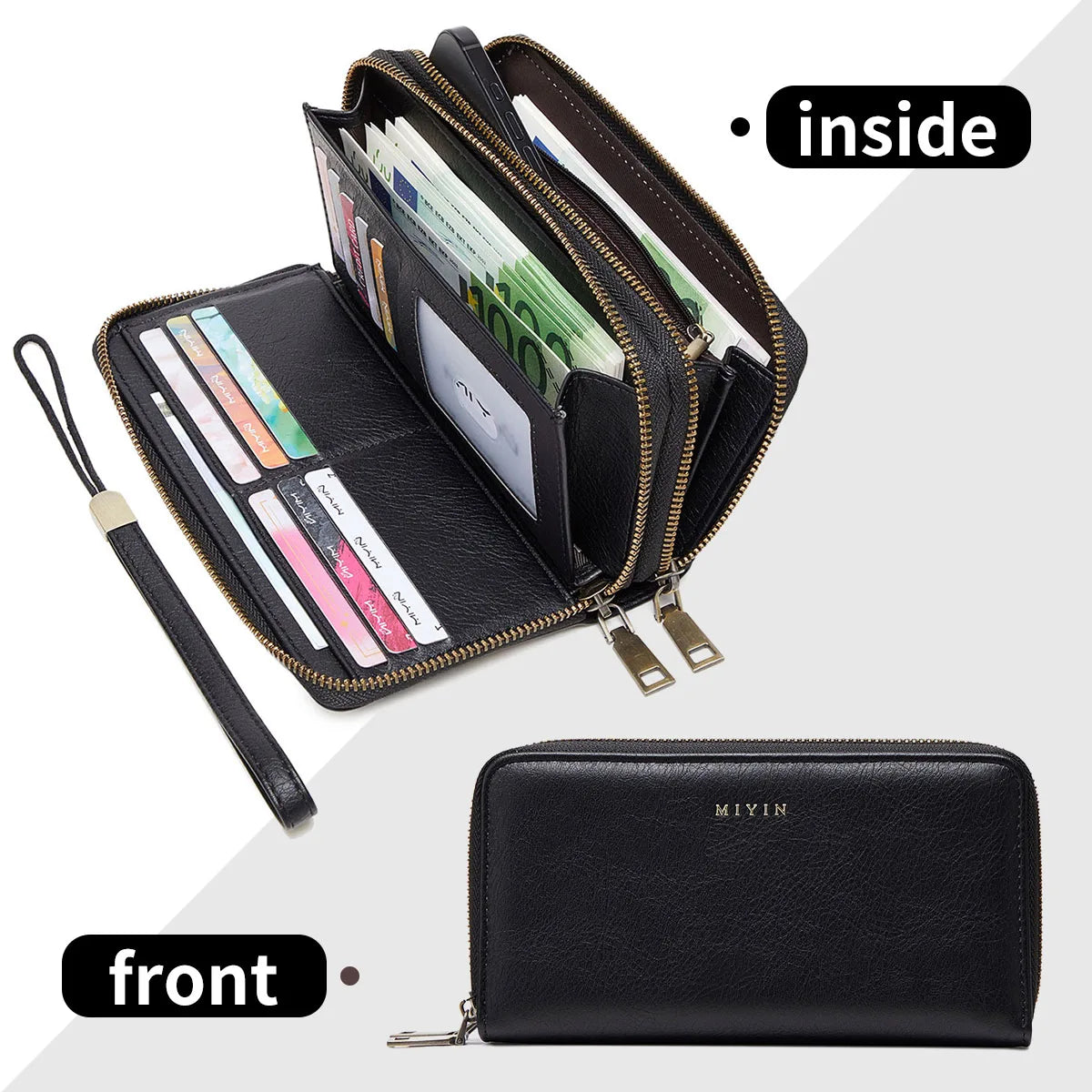 Portefeuille femme grande capacité PU vintage avec double zip et protection RFID — photo 10