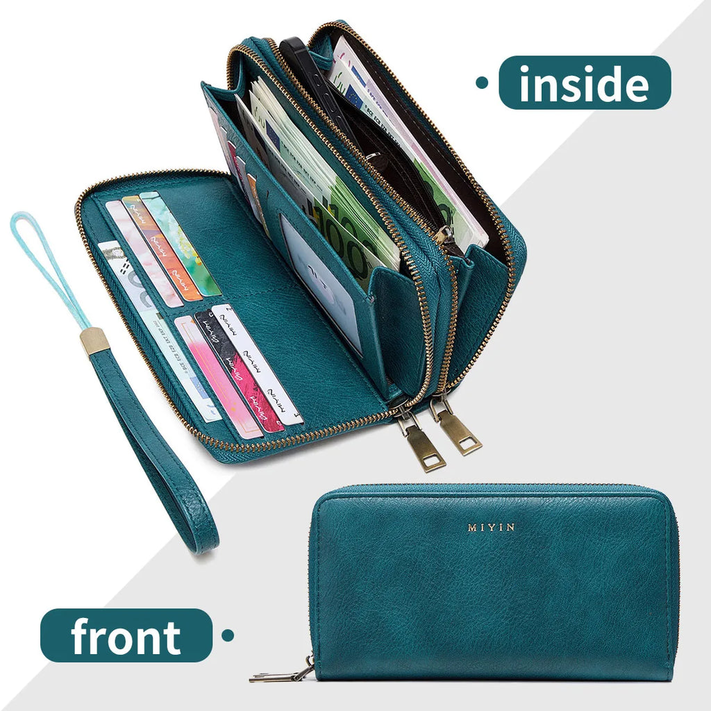 Portefeuille femme grande capacité PU vintage avec double zip et protection RFID — photo 11