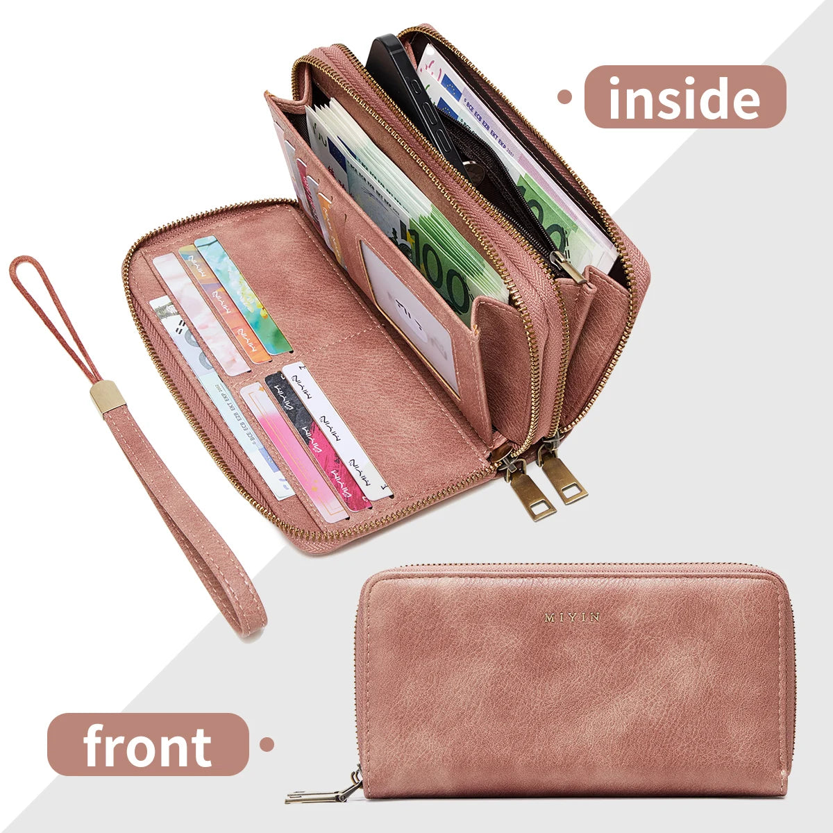 Portefeuille femme grande capacité PU vintage avec double zip et protection RFID — photo 12