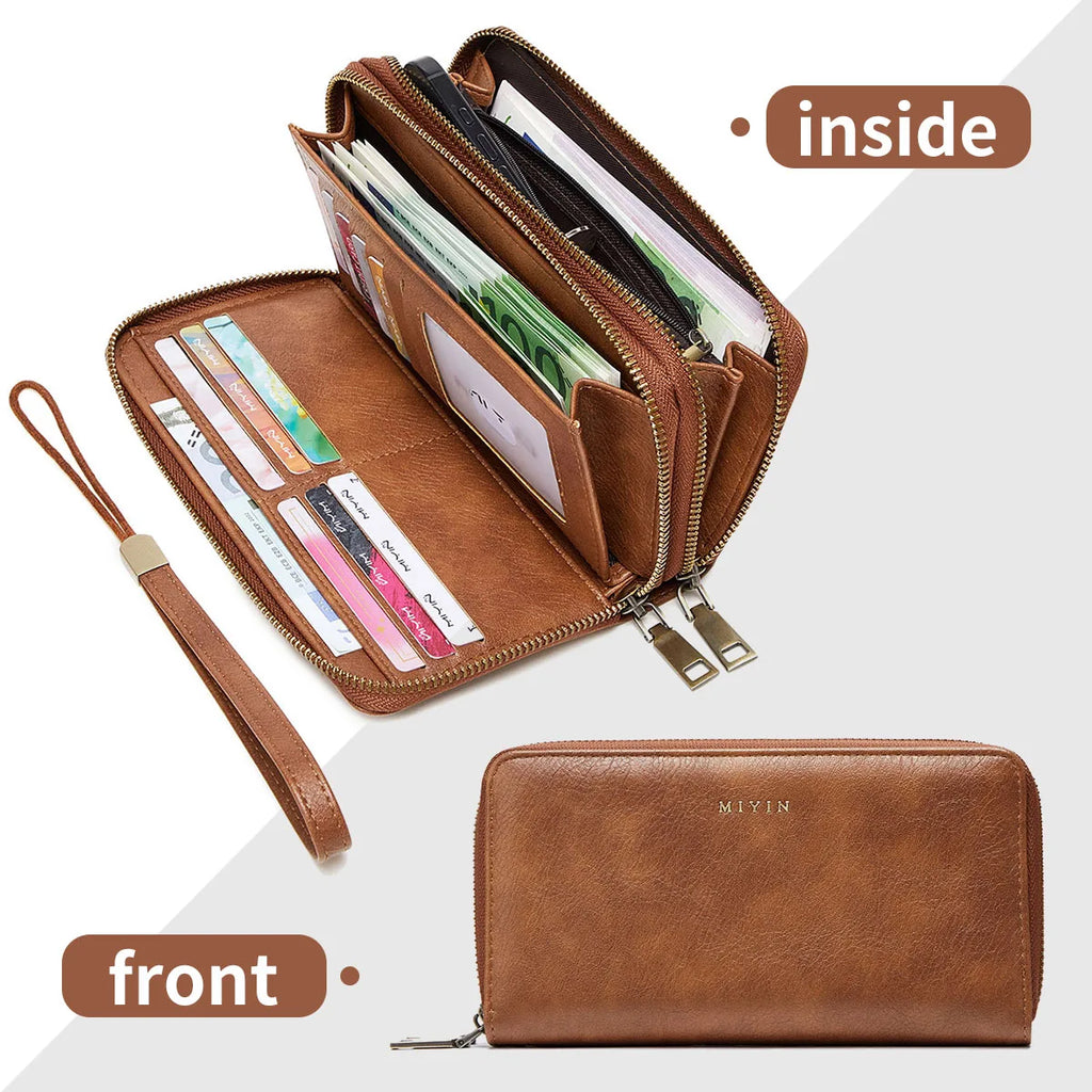 Portefeuille femme grande capacité PU vintage avec double zip et protection RFID — photo 13
