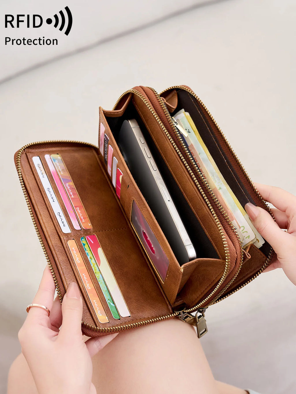 Portefeuille femme grande capacité PU vintage avec double zip et protection RFID — photo 2