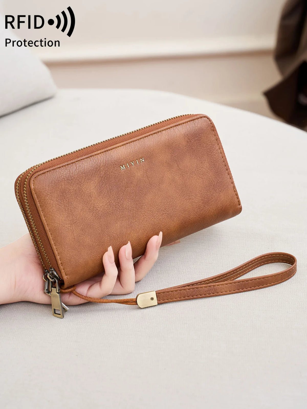 Portefeuille femme grande capacité PU vintage avec double zip et protection RFID — photo 3