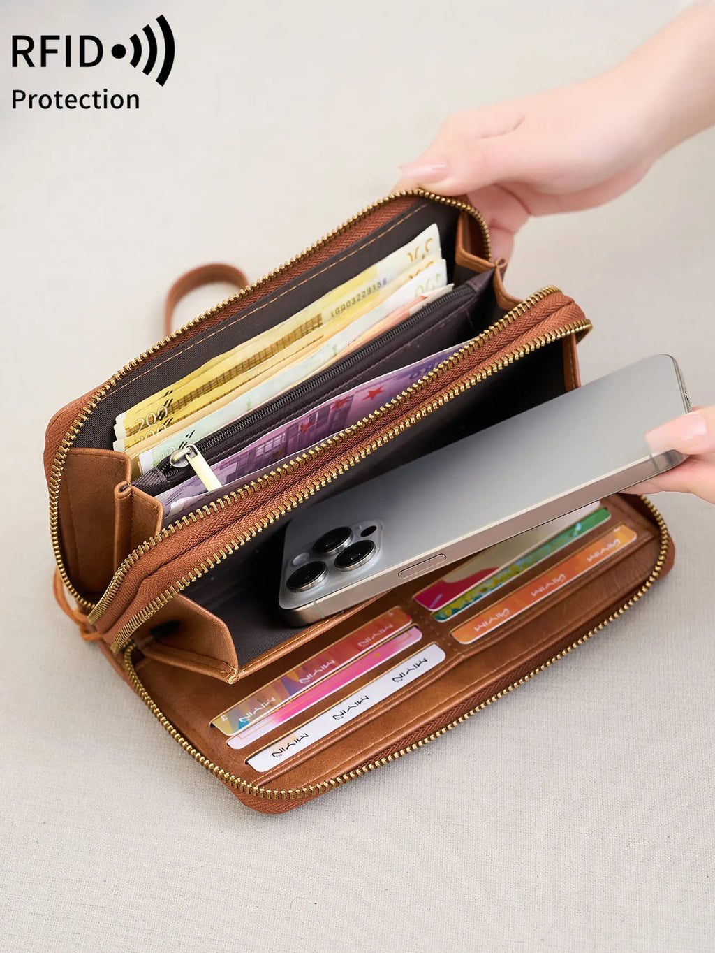 Portefeuille femme grande capacité PU vintage avec double zip et protection RFID — photo 4