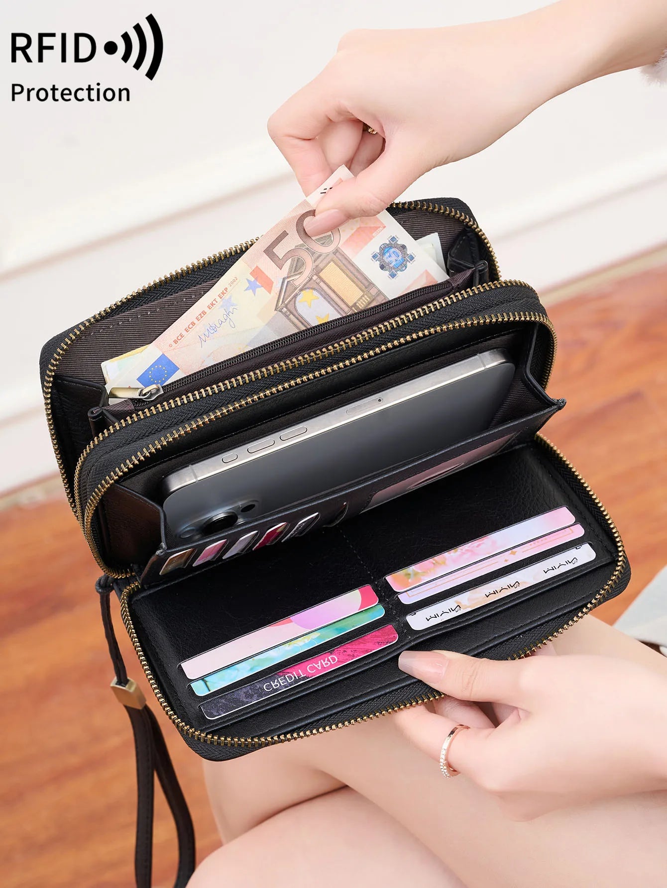 Portefeuille femme grande capacité PU vintage avec double zip et protection RFID — photo 5 Image
