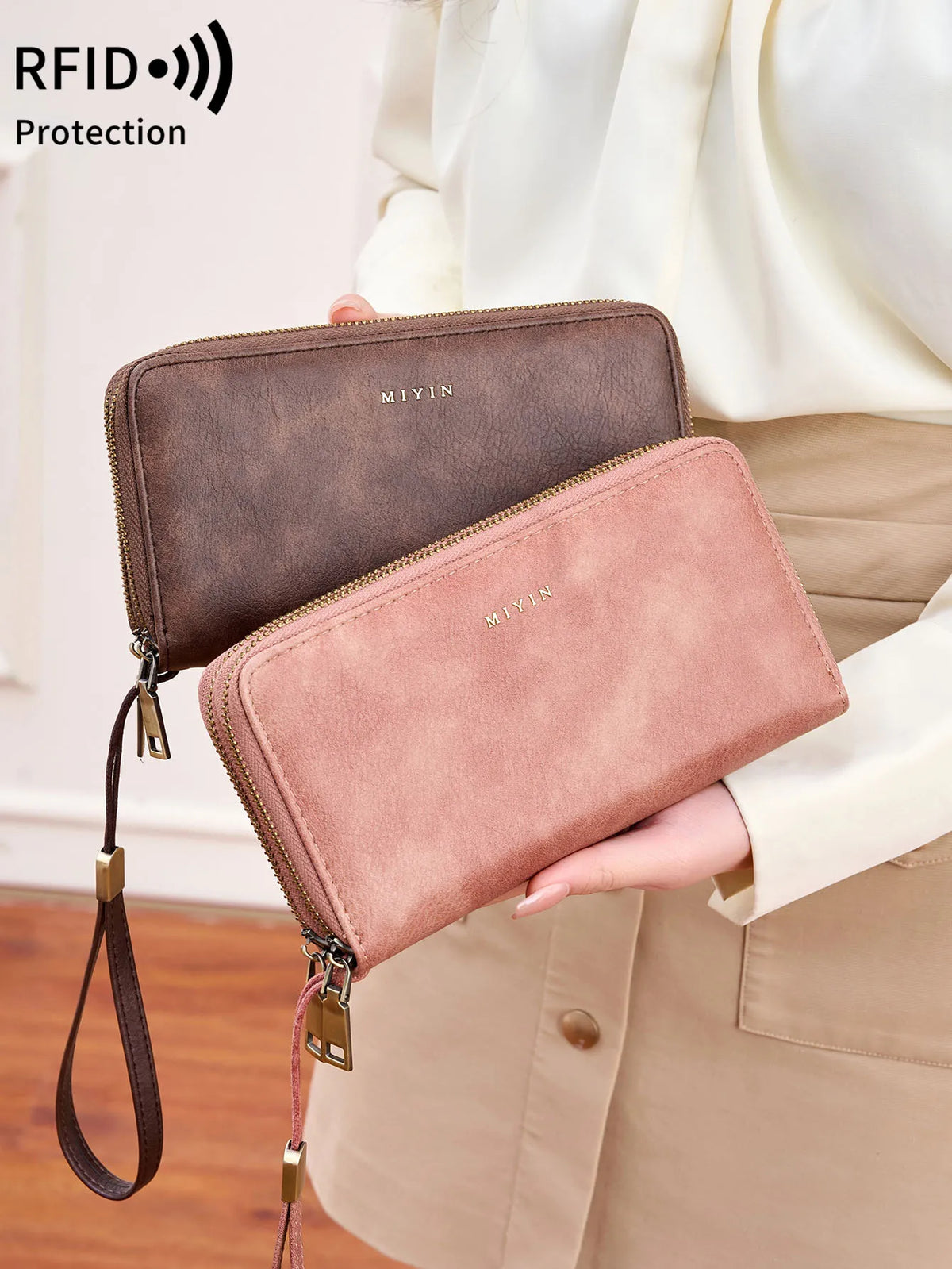 Portefeuille femme grande capacité PU vintage avec double zip et protection RFID — photo 6