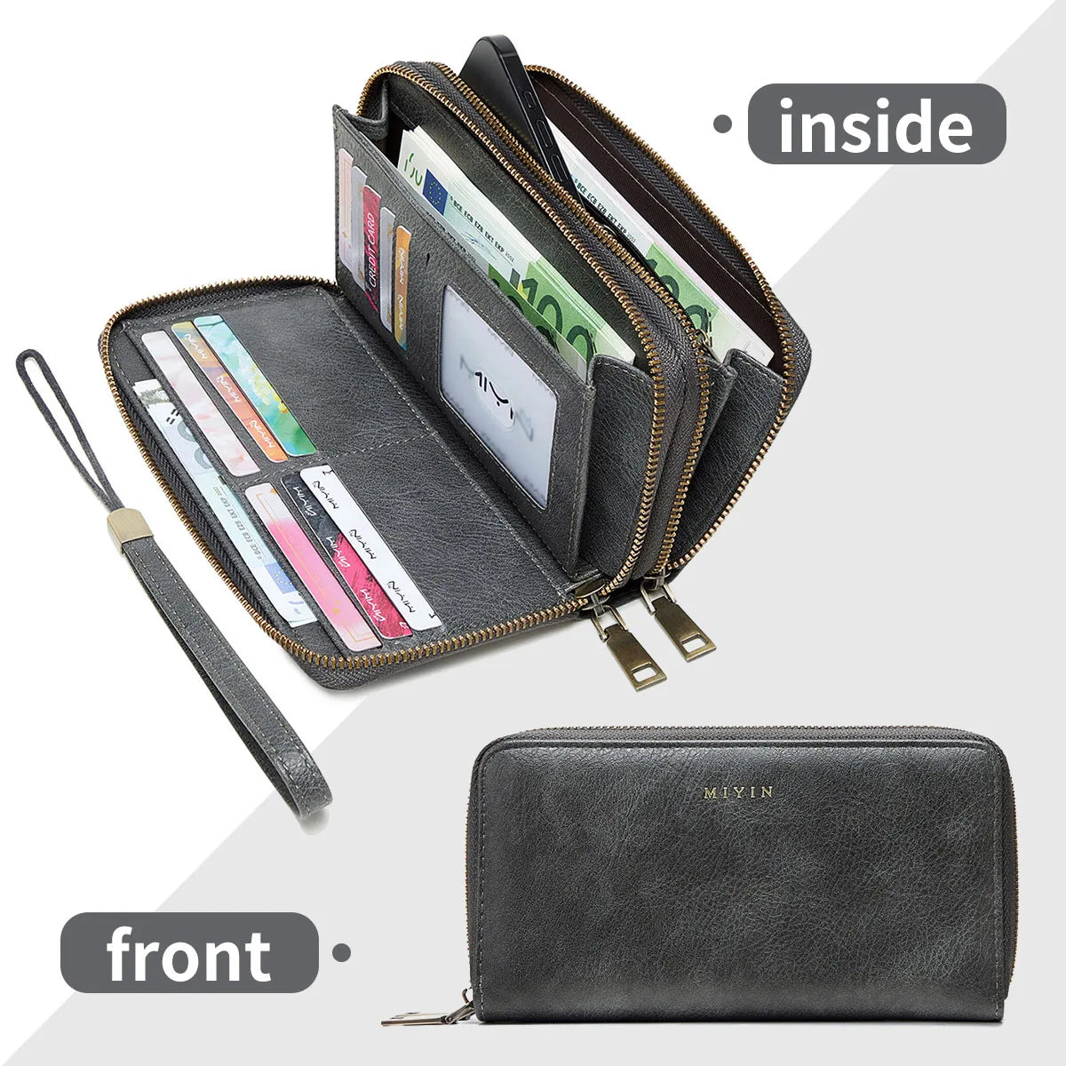 Portefeuille femme grande capacité PU vintage avec double zip et protection RFID — photo 7