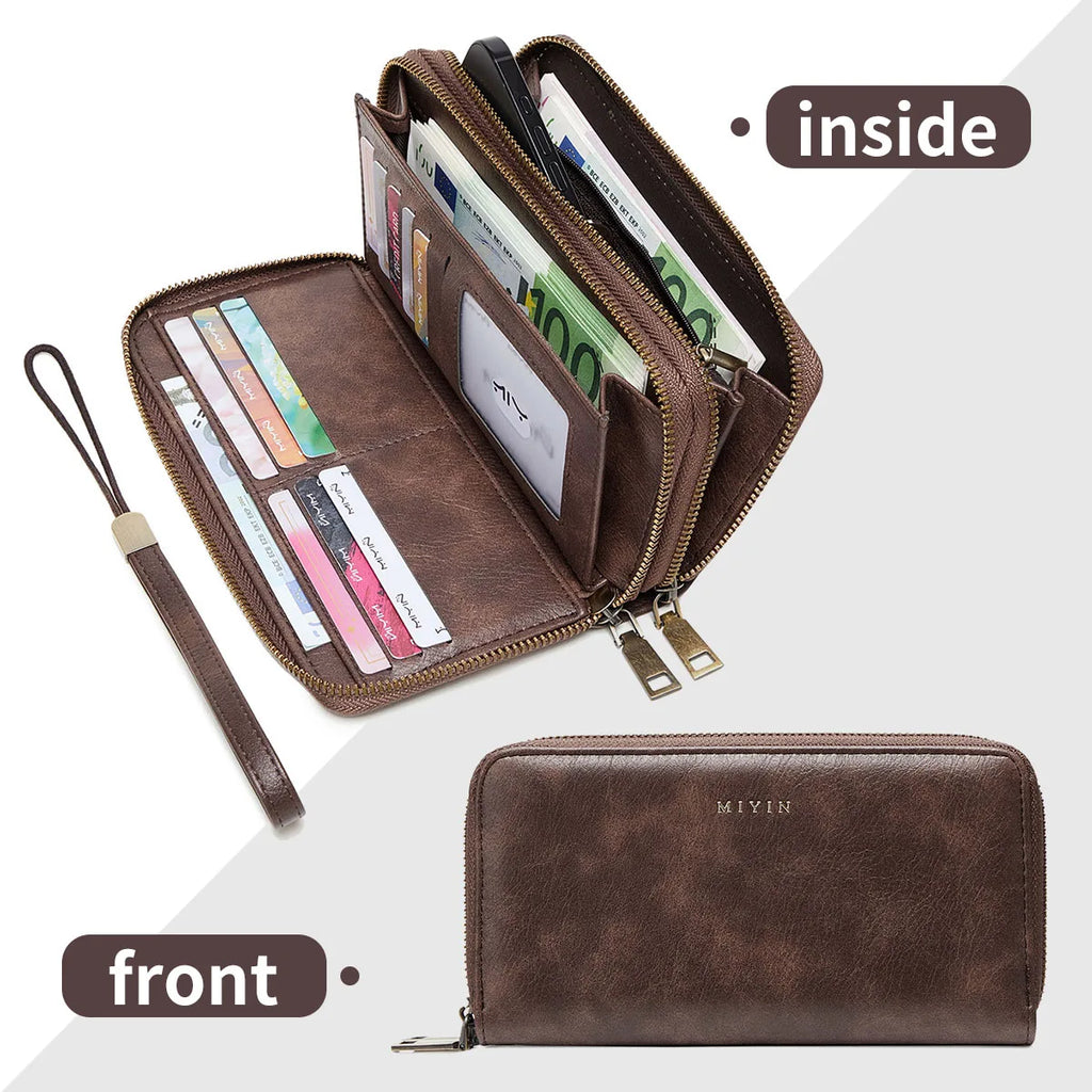 Portefeuille femme grande capacité PU vintage avec double zip et protection RFID — photo 9