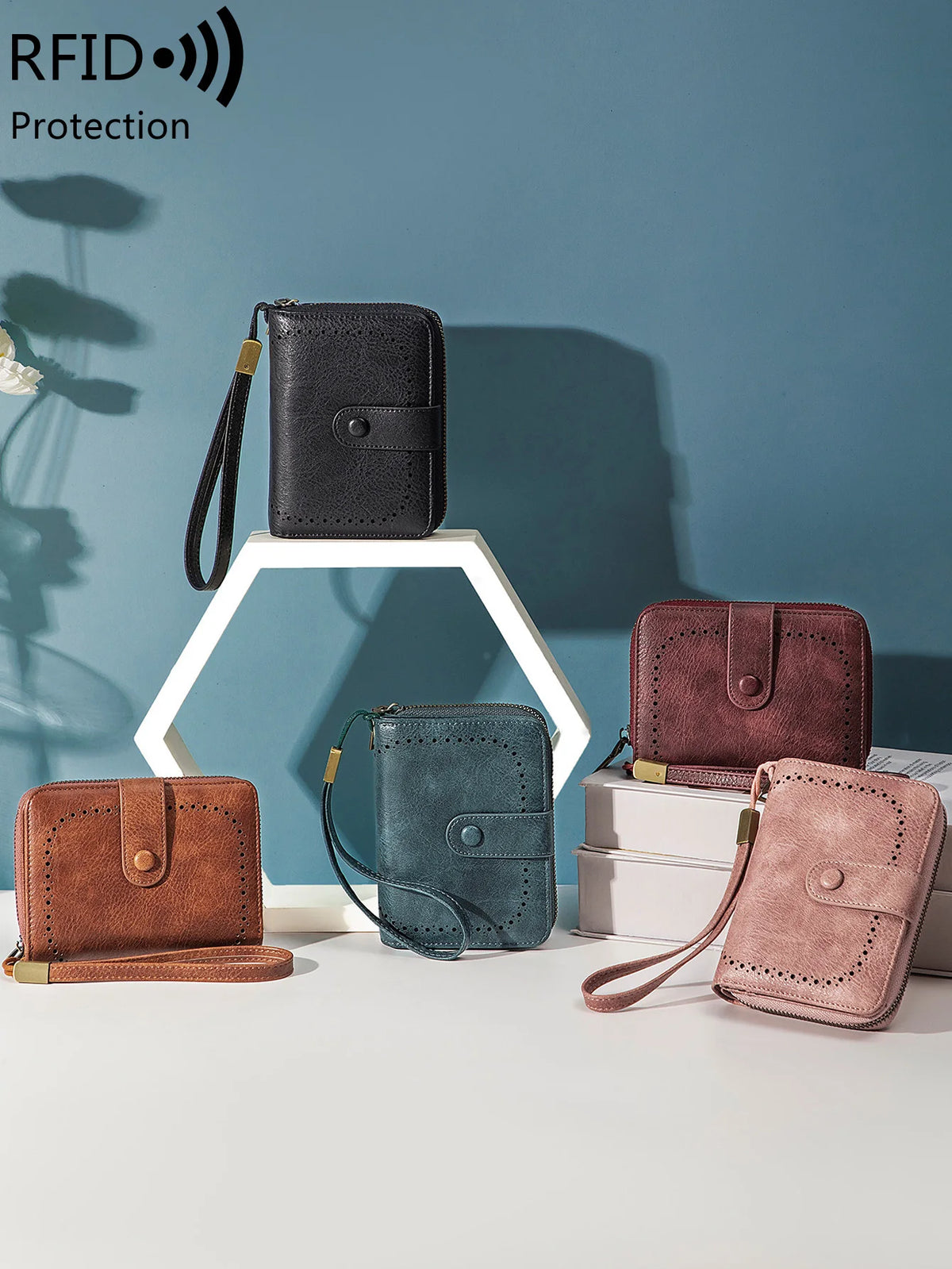 Portefeuille femme zippé en cuir PU vintage avec protection RFID et grande capacité — photo 1