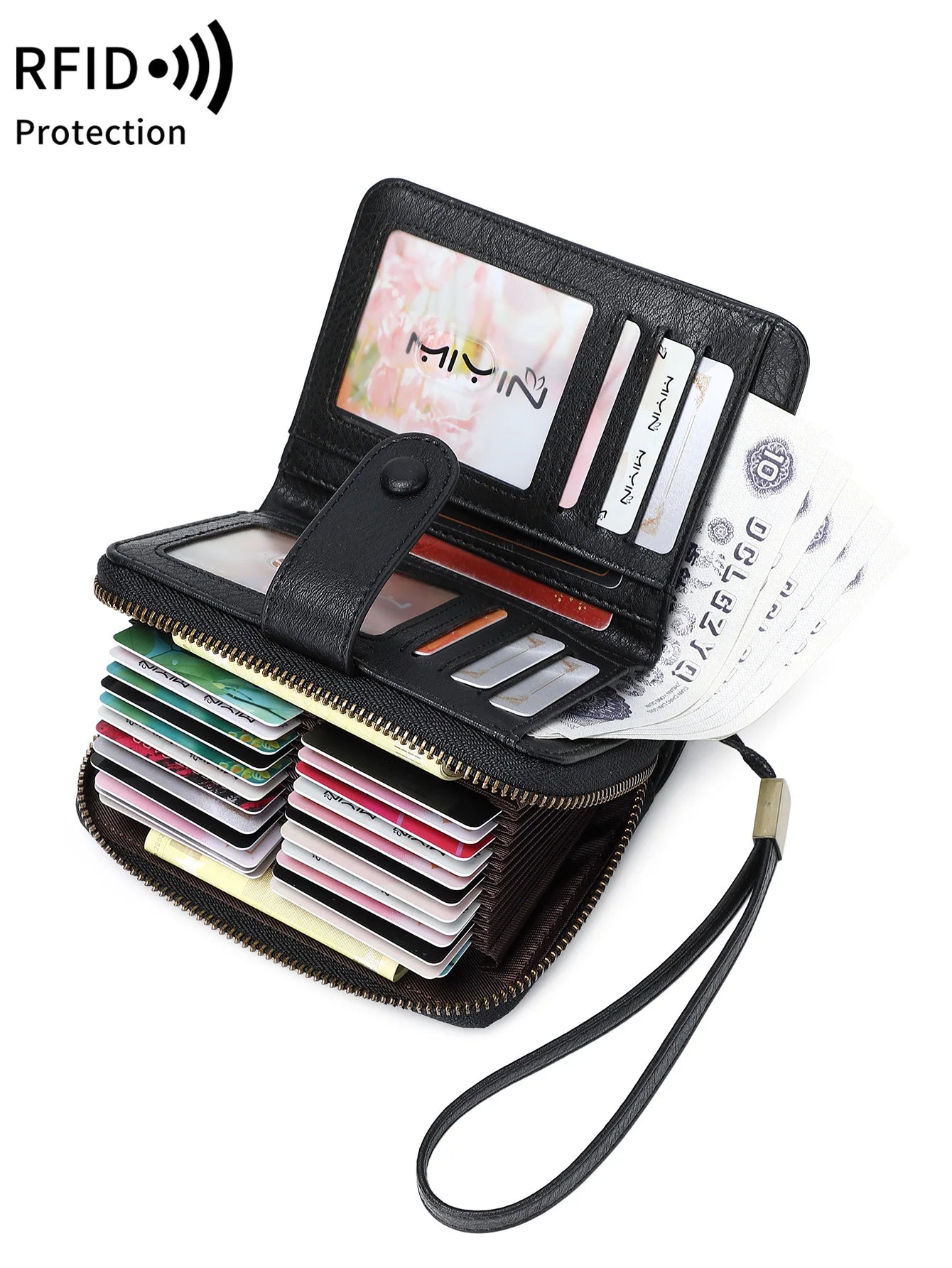 Portefeuille femme zippé en cuir PU vintage avec protection RFID et grande capacité — photo 2 Image