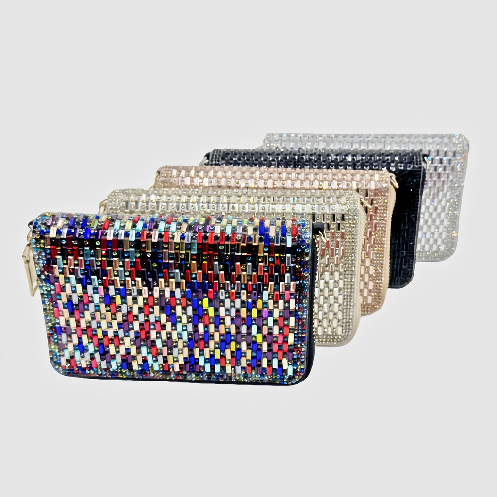 Portefeuille femme zippé à strass sertis, chaîne fournie