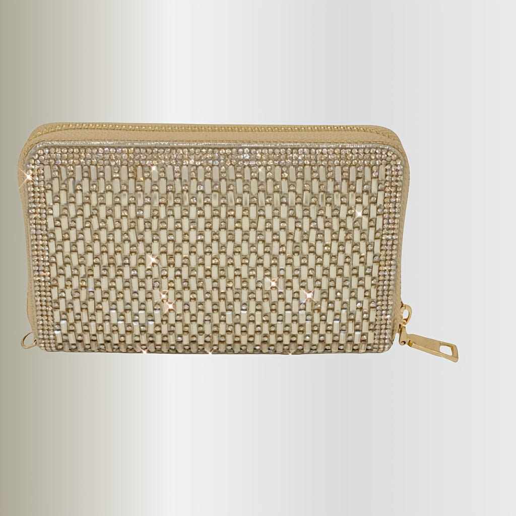 Portefeuille femme zippé à strass sertis, chaîne fournie