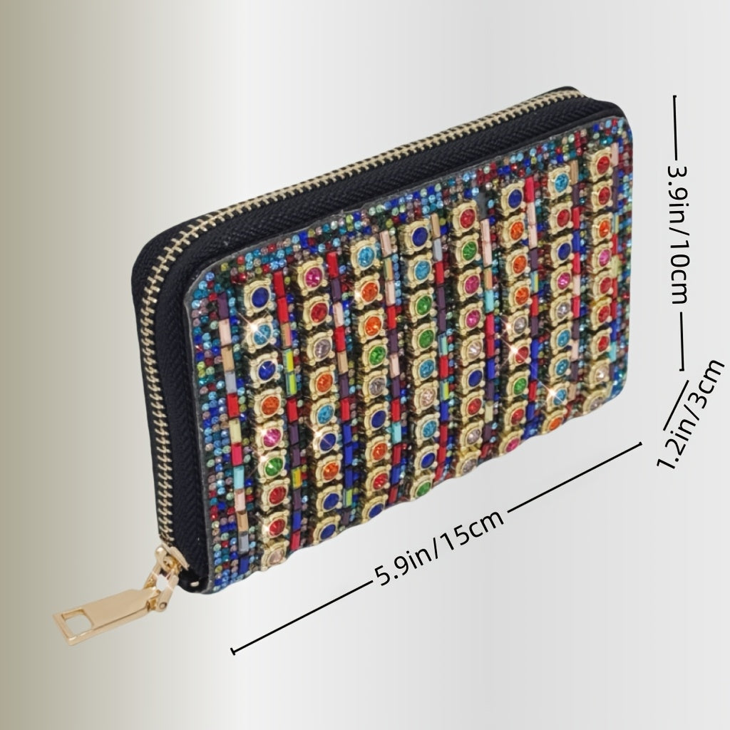 Portefeuille femme zippé à strass sertis, chaîne fournie