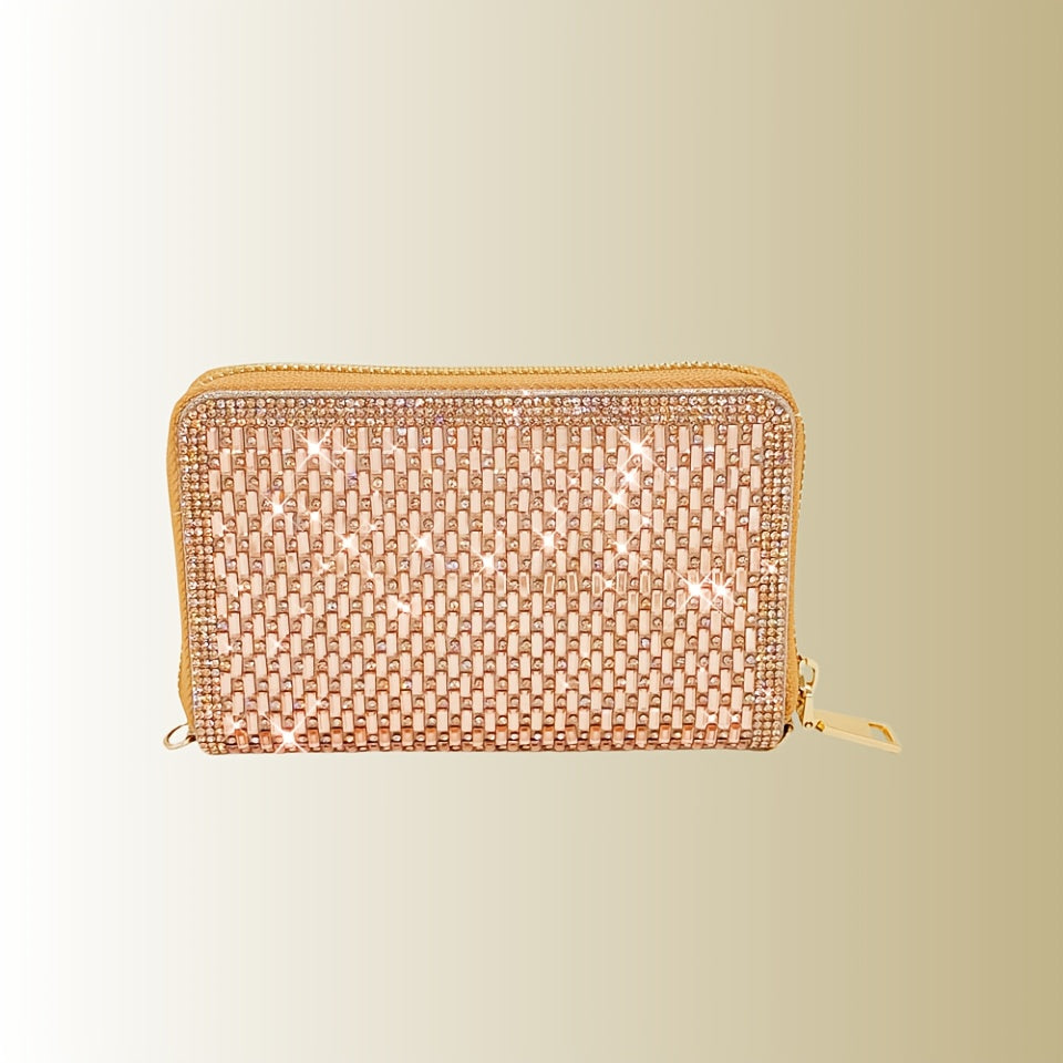 Portefeuille femme zippé à strass sertis, chaîne fournie