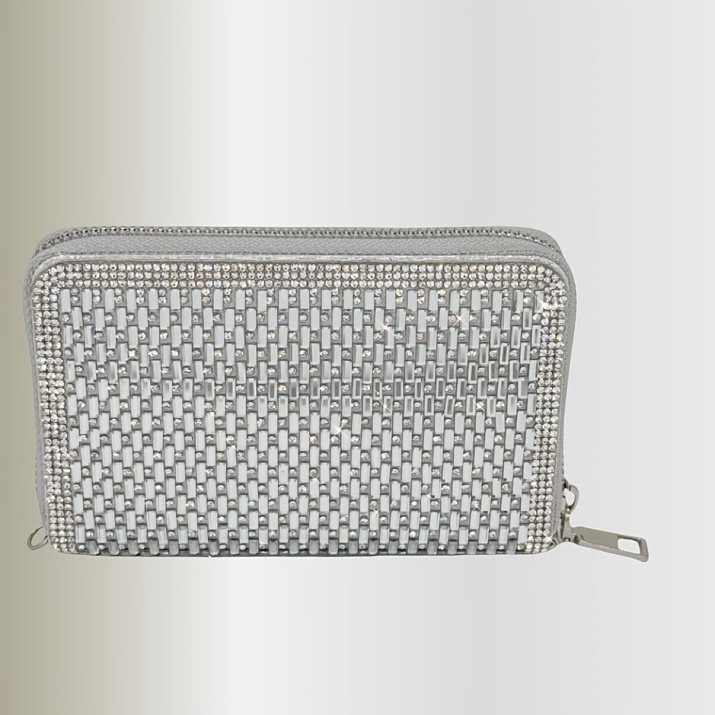 Portefeuille femme zippé à strass sertis, chaîne fournie