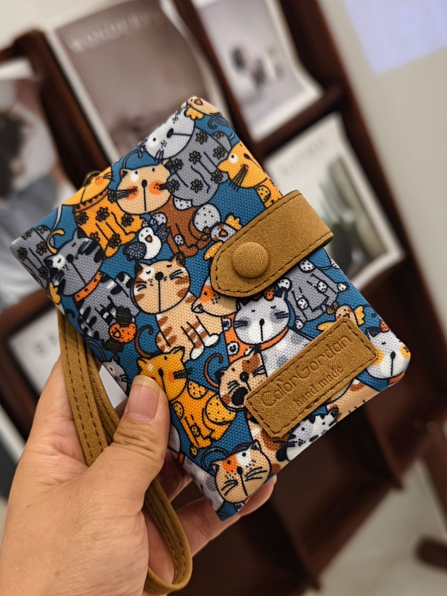 Portefeuille femme vertical en toile imprimée, dragonne
