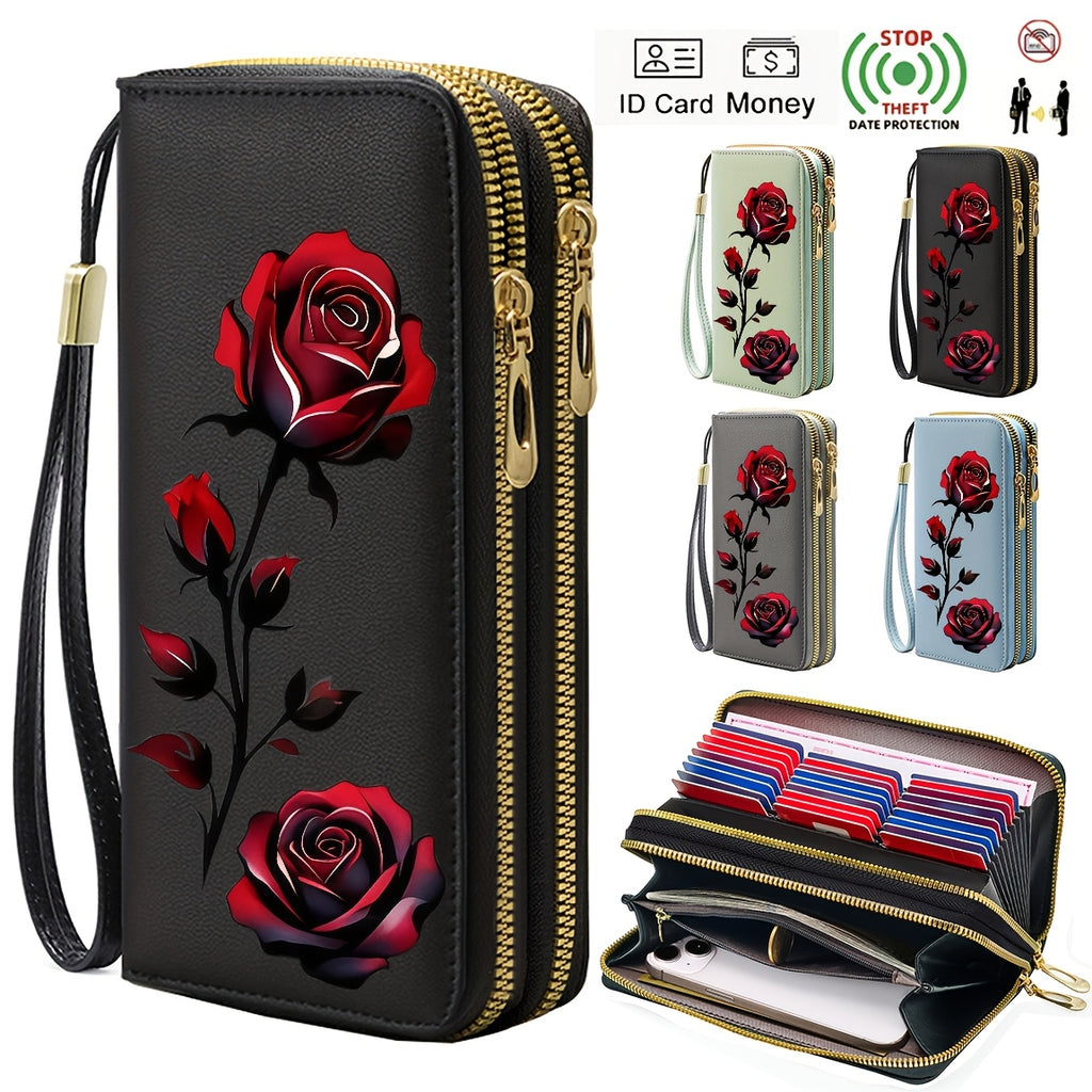 Portefeuille femme anti-RFID 27 cartes, imprimé fleur rose