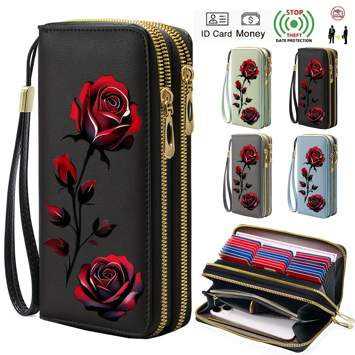 Portefeuille femme anti-RFID 27 cartes, imprimé fleur rose