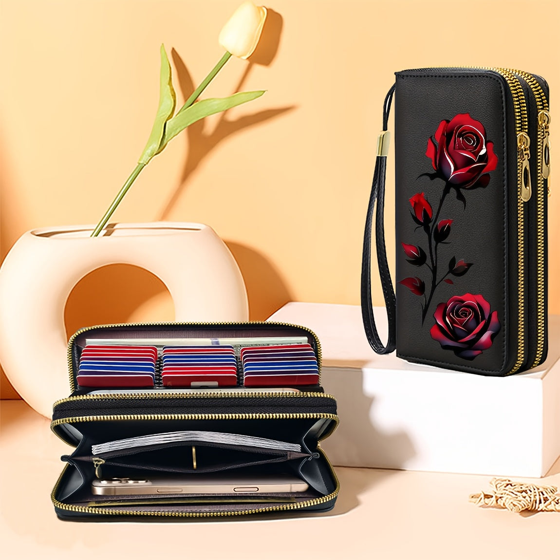 Portefeuille femme anti-RFID 27 cartes, imprimé fleur rose
