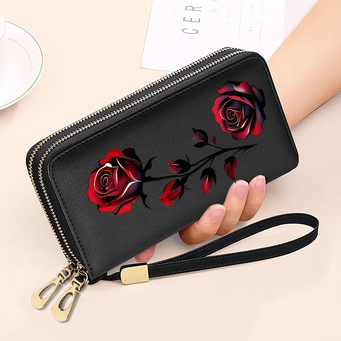 Portefeuille femme anti-RFID 27 cartes, imprimé fleur rose
