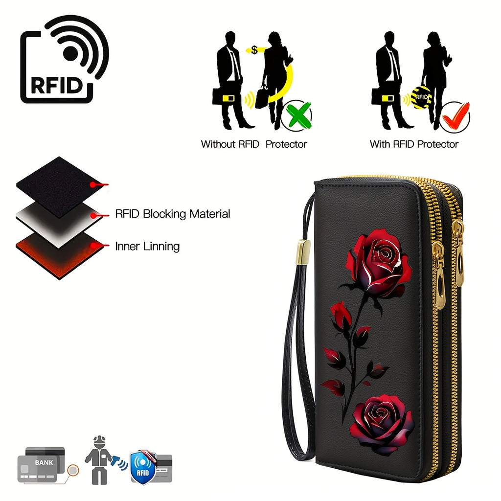 Portefeuille femme anti-RFID 27 cartes, imprimé fleur rose