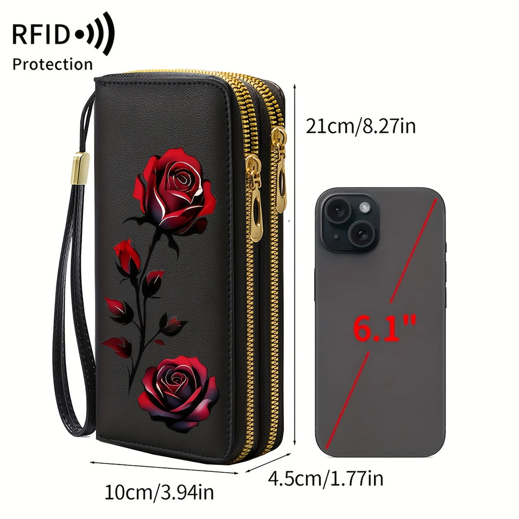 Portefeuille femme anti-RFID 27 cartes, imprimé fleur rose