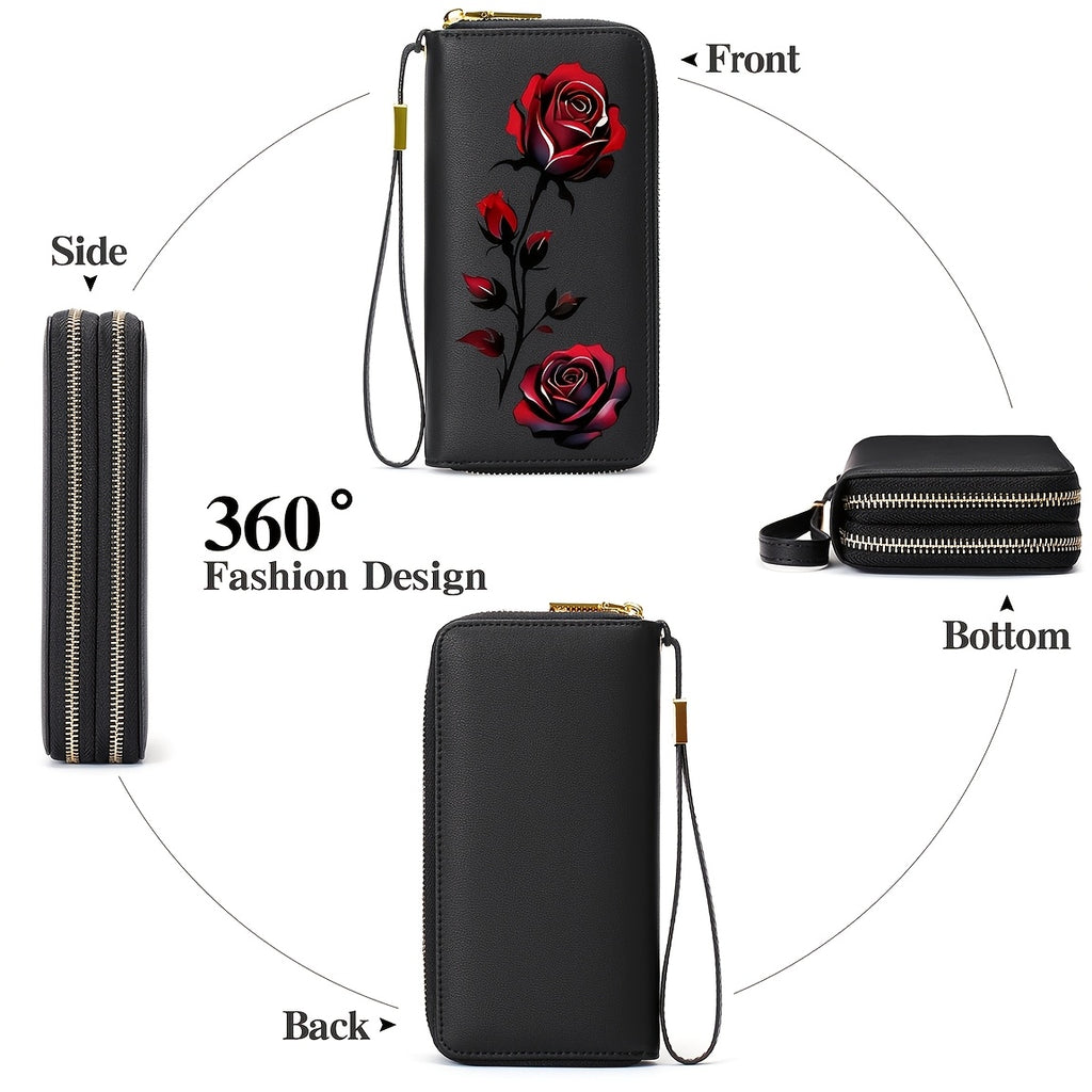 Portefeuille femme anti-RFID 27 cartes, imprimé fleur rose