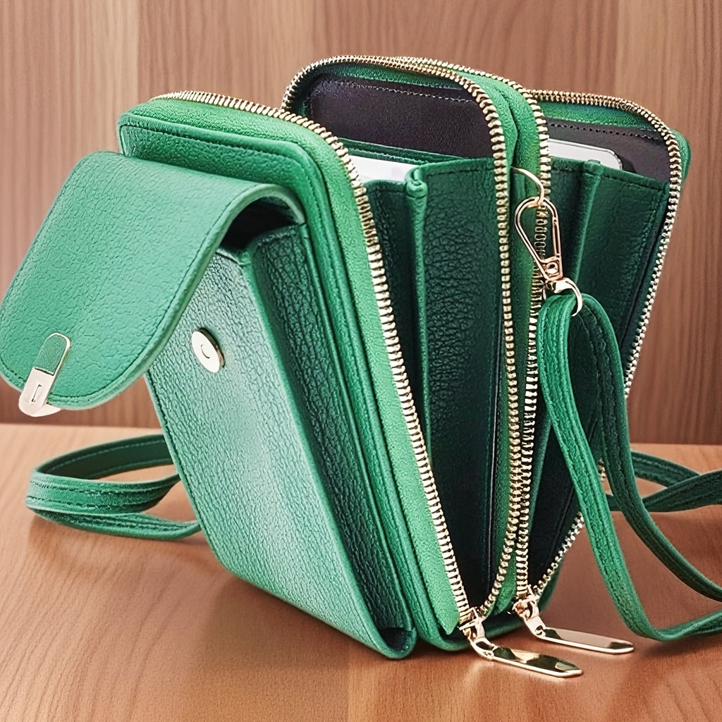 Portefeuille femme vertical vert, fermoir doré et double zip