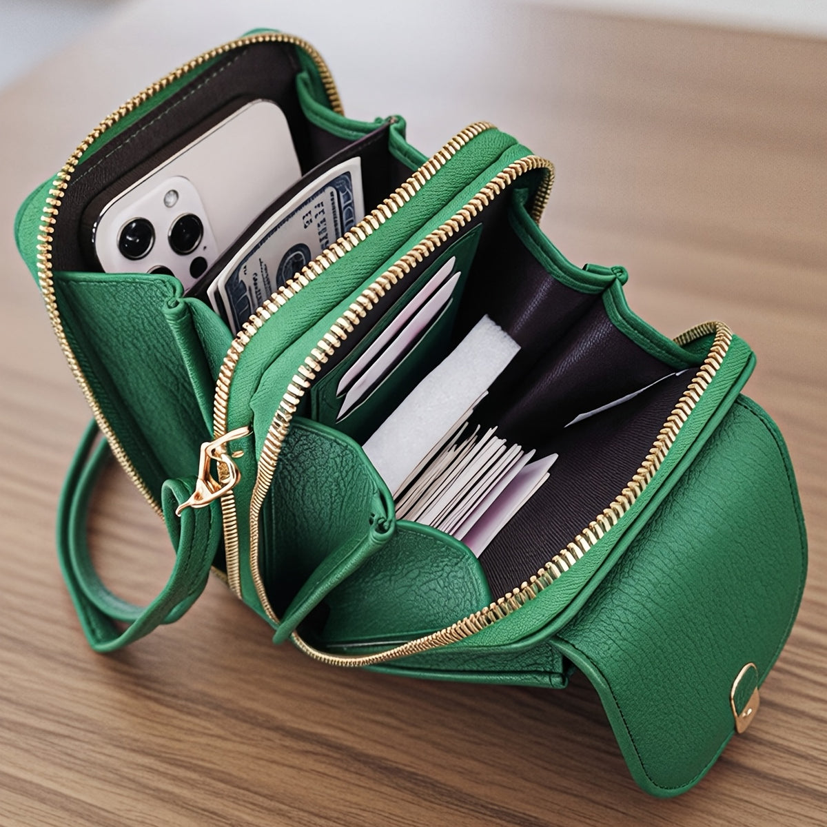 Portefeuille femme vertical vert, fermoir doré et double zip