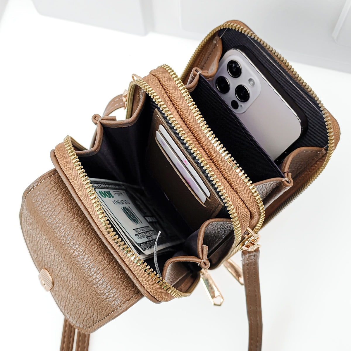 Portefeuille femme vertical vert, fermoir doré et double zip