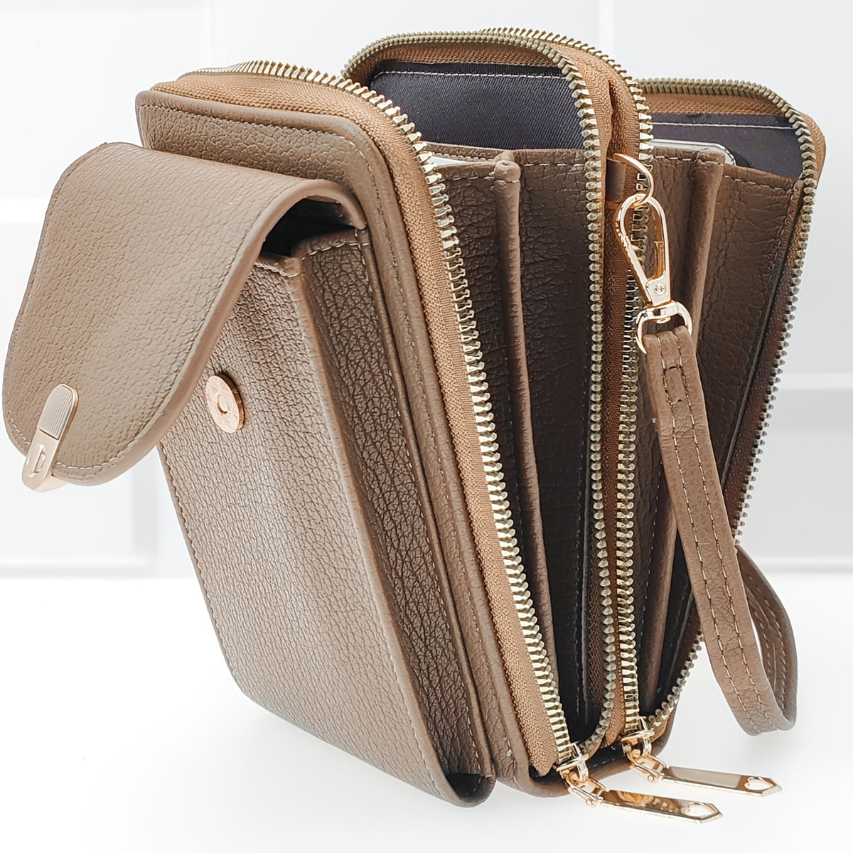Portefeuille femme vertical vert, fermoir doré et double zip