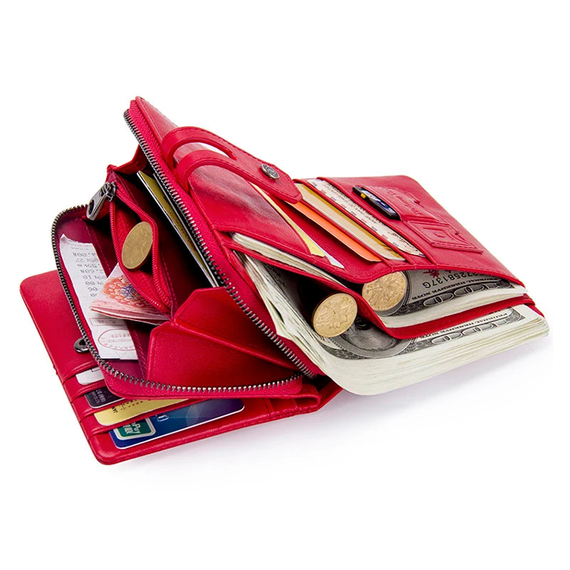 Portefeuille femme zippé vertical en cuir, 10 emplacements