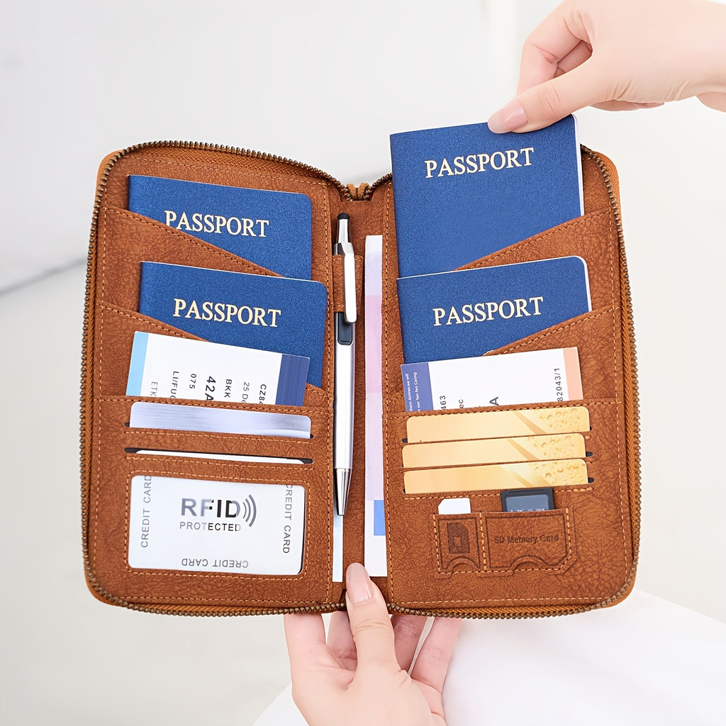 Portefeuille femme de voyage zippé, 4 passeports et anti-RFID